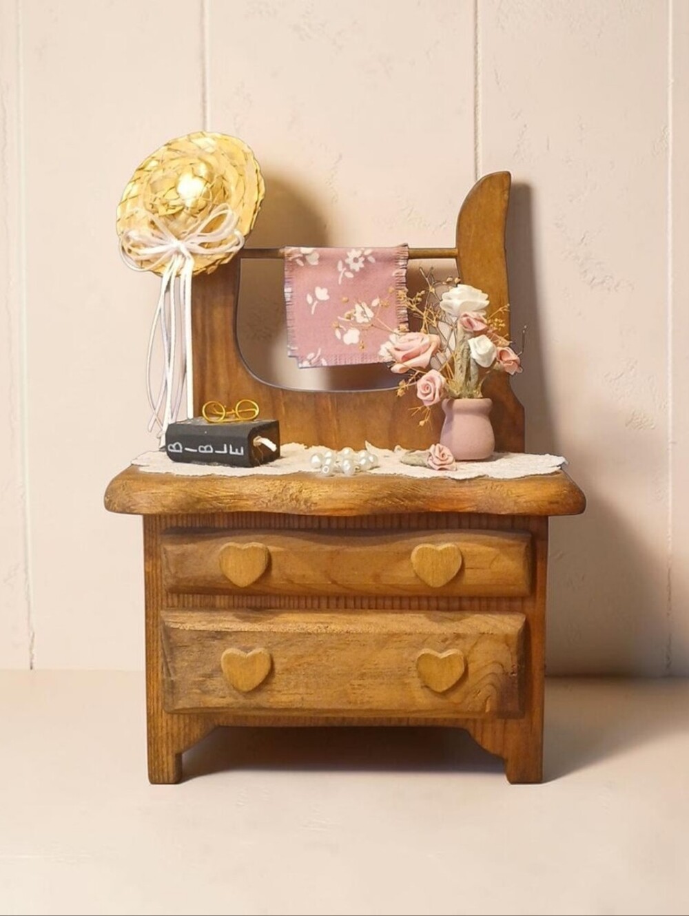 Vintage Miniature Wooden Washstand Dresser with Accessories – Rustic Country